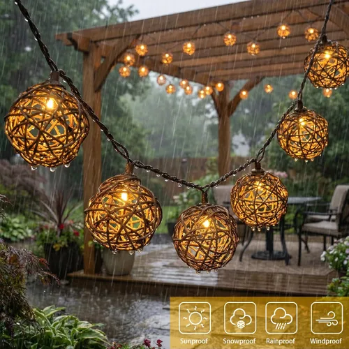 Vista 4 de Vigdur Luces de Cadena de Bolas de Ratán, Luces de Cadena de Linterna Boho con 10 Bombillas LED Conectables, Luces de Cadena para Interiores