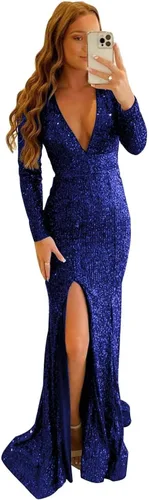 Vista 5 de Sparkly Sequin Prom Dresses Long with Slit Mermaid Long Sleeve deep v Neck Open Back Formal Evening Dresses for Women