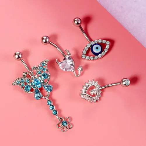 Vista 7 de 15 anillos de ombligo de acero inoxidable de 14 G para mujer con circonita cúbica AAA