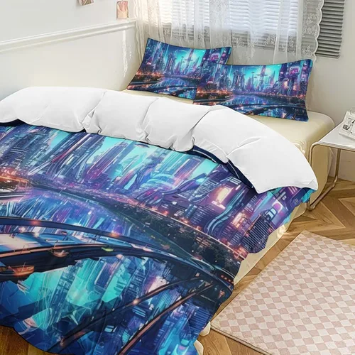 Vista 20 de Art Duvet Cover Full Size, Ultra Soft Microfiber Night Scenery Bedding Set, 3 Pieces City View Pattern Comforter Cover Set with Zipper Closure
