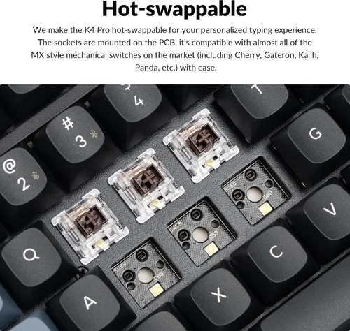 Vista 3 de Keychron Teclado mecánico personalizado K4 Pro con interruptor marrón K Pro intercambiable en caliente, QMK/VIA Macro programable Bluetooth