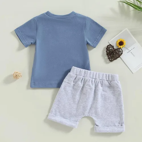Vista 54 de Conjunto de traje de verano para bebé niño pequeño, manga corta, cuello redondo, letras impresas, lindo traje de verano, conjunto de 2 piezas