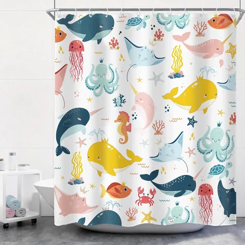 Vista 20 de Riyidecor Ocean - Cortina de ducha para niños, 60 pulgadas de ancho x 72 pulgadas de alto, diseño de ballena, dibujos animados, animales, delfín