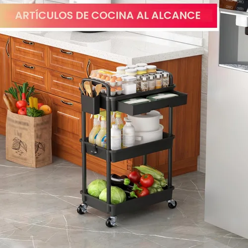 Vista 7 de Goovilla Organizador de carrito utilitario de 3 niveles con cajón extraíble, carritos de almacenamiento rodantes negros estables y resistentes con 2