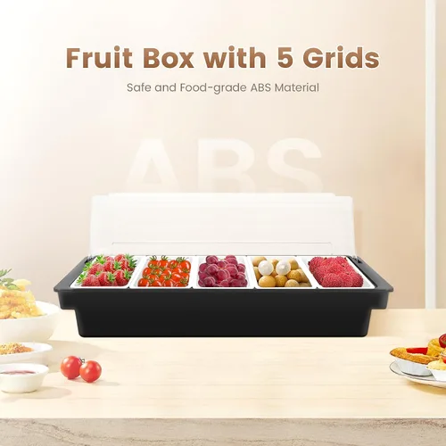 Vista 2 de Dispensador de condimentos de 5 compartimentos, bandeja de comida refrigerada, barra de ensalada, plástico transparente, fácil de limpiar, adecuado