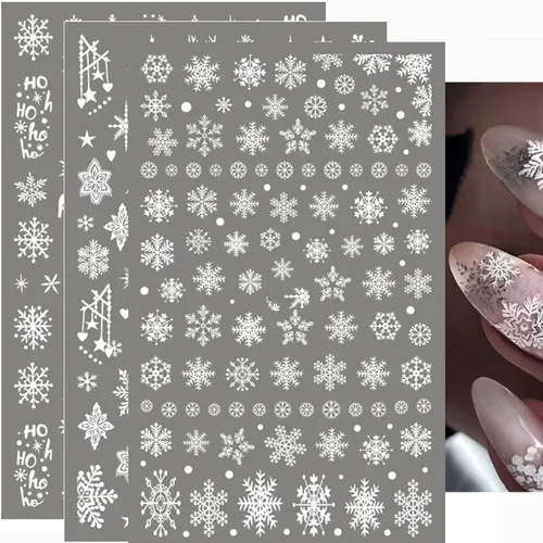 Vista 6 de Calcomanías de arte de uñas de copo de nieve, calcomanías de copo de nieve blanco 3D, diseños de Navidad, calcomanías de uñas autoadhesivas