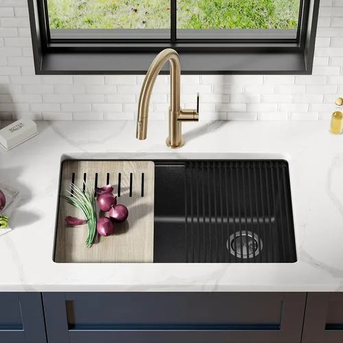Vista 2 de KRAUS Bellucci Fregadero de cocina de granito con estación de trabajo empotrado de 30 pulgadas en negro metálico con accesorios, KGUW2-30MBL