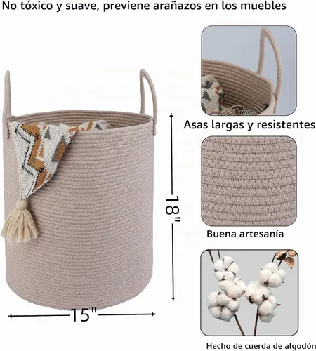 Vista 2 de XUANGUO - Cesta de lavandería de cuerda de algodón, cesta tejida de almacenamiento para ropa, cesta de mimbre para sala de estar, dormitorio, cesta