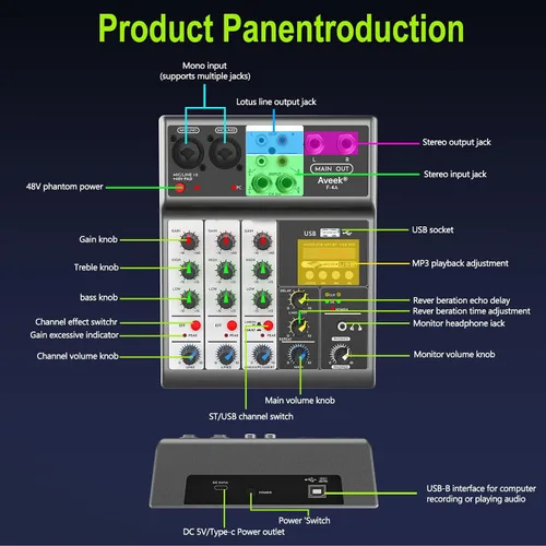Vista 3 de Mezclador de audio profesional Aveek, consola de mezcla de placa de sonido con 4 canales digitales USB Bluetooth, efecto de eco y retardo, entrada