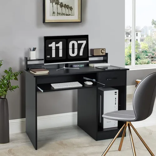 Vista 4 de Tangkula Escritorio para computadora con cajón y bandeja para teclado, escritorio de estudio moderno con gabinete de escritorio y estantes de Negro