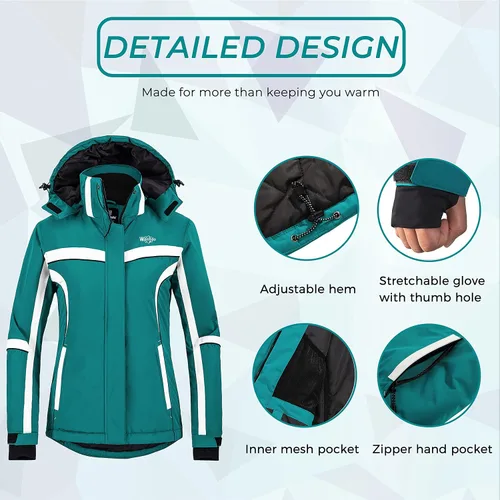 Vista 6 de Wantdo Chaqueta de esquí impermeable para mujer, abrigo de nieve cálido de invierno, chaquetas de snowboard aisladas