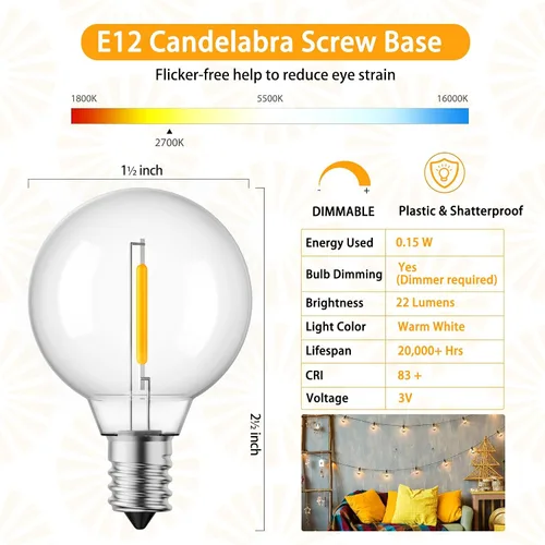 Vista 2 de Brightown Paquete de 25 bombillas solares de repuesto G40, base de tornillo de candelabro E12, 3 V 0.15 W, bombillas LED de globo inastillables