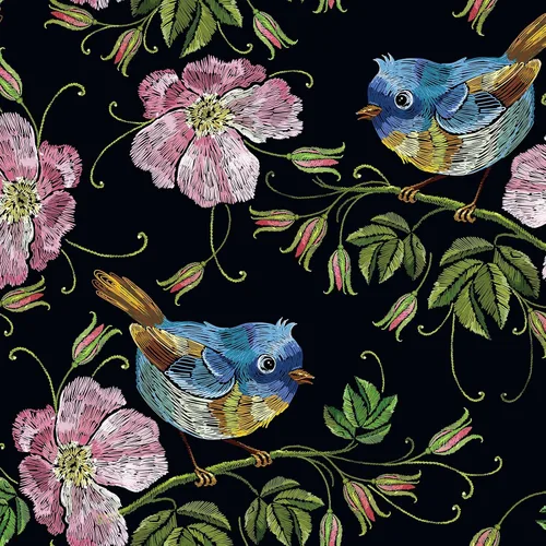 Vista 7 de CHIHUT Papel tapiz bordado de 17.7 x 100 pulgadas, diseño floral de pájaro, color negro, rosa, flores silvestres, azul, Wren, papel tapiz