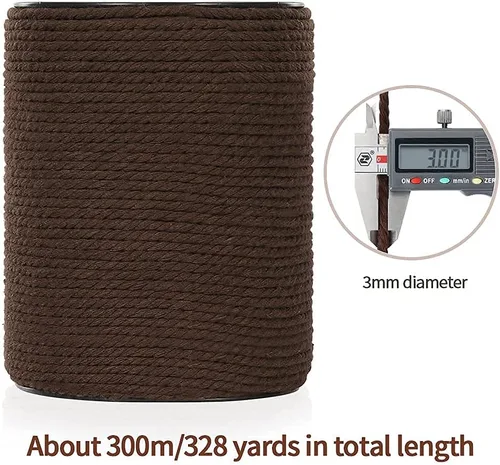 Vista 3 de Cuerda de macramé de 3 mm x 328 yardas, cuerda de macramé de algodón natural colorida de 3 hebras para colgar en la pared, ganchos de plantas Café