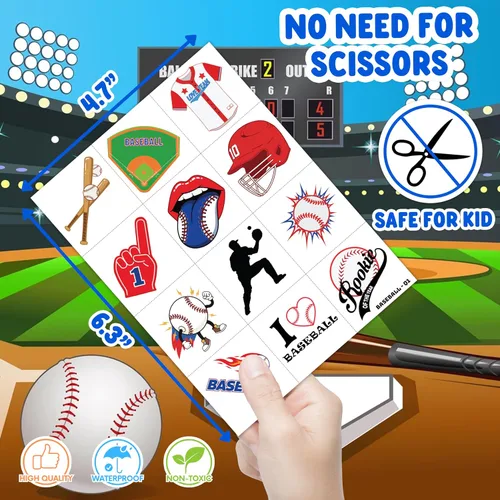 Vista 4 de 120 tatuajes temporales precortados para deportes de béisbol para niños Super Cute Baseball Themed Birthday Party Favors, Supplies, Decorations