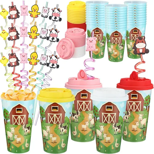 Vista 24 de Yungyan 16 juegos de tazas de golosinas con tapas y pajitas para decoraciones de cumpleaños, reutilizables, 16 onzas, vasos de plástico para dulces