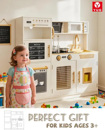 Vista 7 de YUG Set de Cocina de Juguete para Niños con Luces y Sonidos Reales, Juego de Cocina para Niños Pequeños que Incluye Estufa, Horno, Lavavajillas