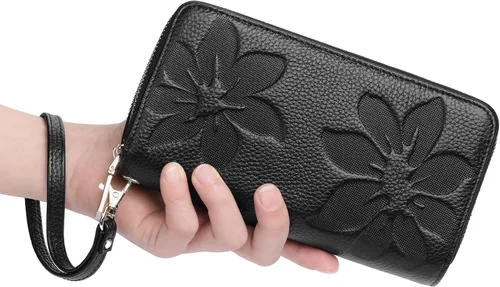 Vista 8 de GOIACII Cartera de mujer de gran capacidad con doble cremallera para mujer, soporte para teléfono con bloqueo RFID, correa de cuero