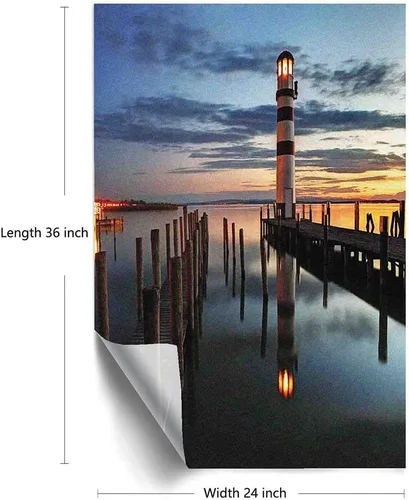 Vista 2 de Lámina de privacidad para ventana de faro, faro tranquilo al atardecer en la bahía y paseo marítimo de madera, reflejos sobre nubes de agua, Color2