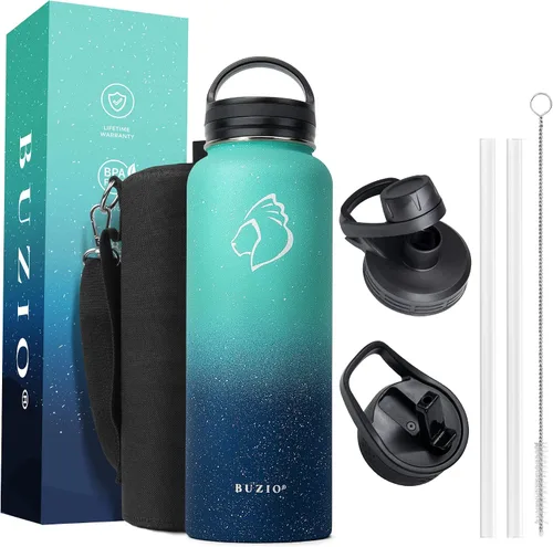 Vista 10 de BUZIO Botella de agua de 32 onzas aislada con popote y 3 tapas y bolsa de transporte, a prueba de fugas, frasco jarra de agua de acero inoxidable