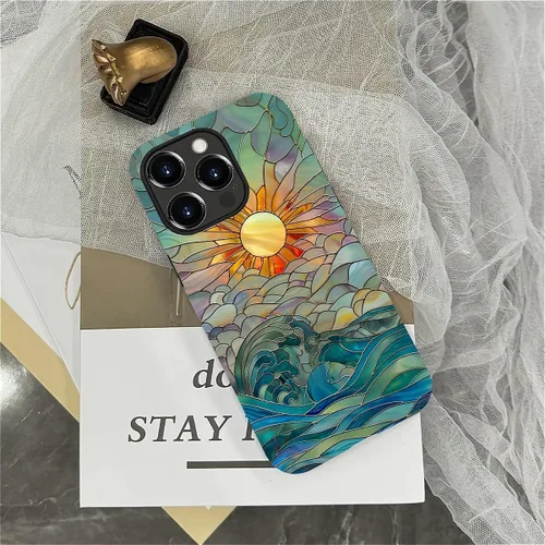 Vista 4 de DAIZAG Funda compatible con iPhone 15 Pro Max, Rayos de Sol Olas del Océano Vidrio Manchado Patrón Completo Plástico Suave TPU Anti-Caídas, Doble