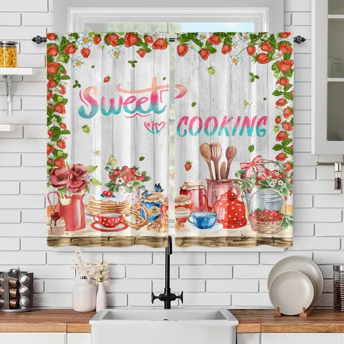 Vista 29 de Cortinas de ventana de cosecha de otoño, marco de madera rústica, cortinas florales de pacas de heno y calabaza, cenefa de cocina de Acción