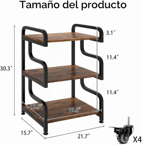 Vista 2 de Natwind - Soporte de impresora de 3 niveles con ruedas, carrito de almacenamiento móvil, estante de pie multiusos para reproductor multimedia Retro