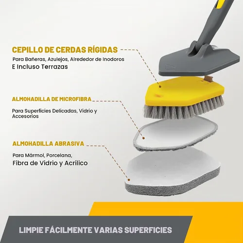 Vista 3 de Cepillo de ducha con mango largo para limpieza, cepillo de ducha extensible 3 en 1 de 56 pulgadas, accesorio intercambiable para limpiar la pared