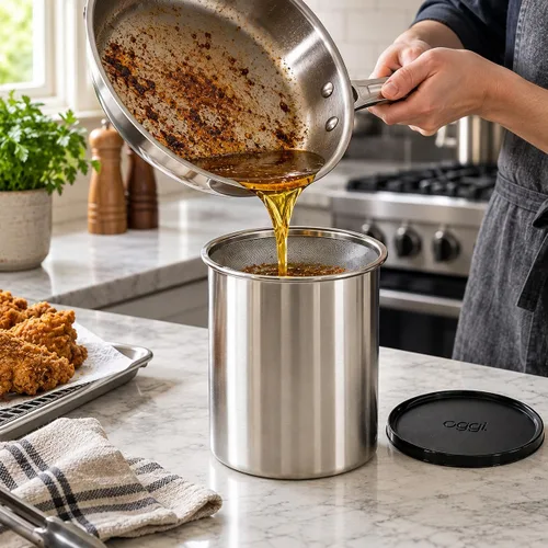 Vista 4 de Oggi 7324 Recipiente de acero inoxidable para aceite con filtro extraíble, 1 qt, Stainless