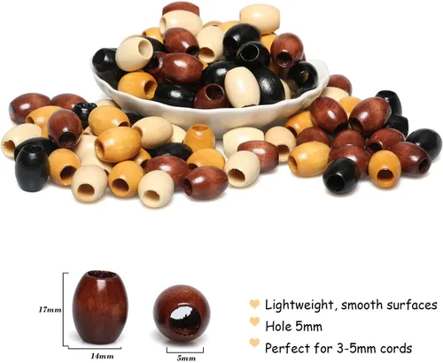 Vista 2 de Woodeni - 160 piezas de cuentas de madera ovaladas de 17 x 14 mm en Beige, Café, Marrón y Negro, cuentas de madera de barril con agujero grande