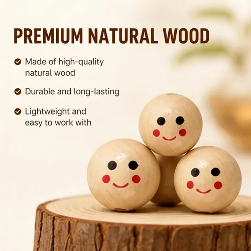 Vista 3 de 40 cuentas de madera redondas de madera con cara sonriente, cuentas de madera impresas espaciadoras para manualidades, manualidades, joyería