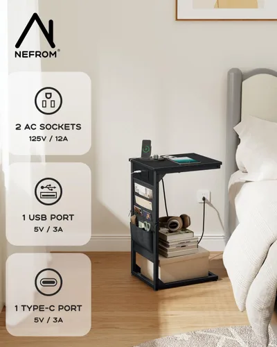 Vista 4 de Mesa auxiliar en forma de C con estación de carga rápida, mesa lateral pequeña para sofá con bolsa de almacenamiento, bandeja de TV para sofá