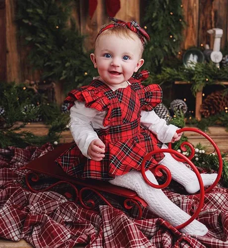 Vista 3 de GuliriFei Mameluco de Navidad para bebés y niñas, vestido de body rojo a cuadros para niños pequeños, manga con volantes, traje de fiesta
