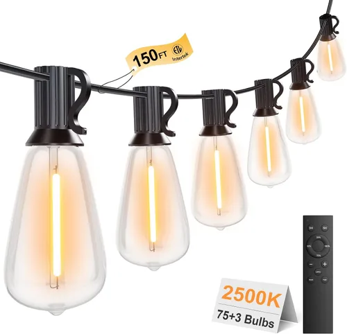 Vista 10 de Guirnalda de luces para exteriores de 25 pies, luces impermeables para patio con bombillas Edison ST38 vintage inastillables, luces colgantes