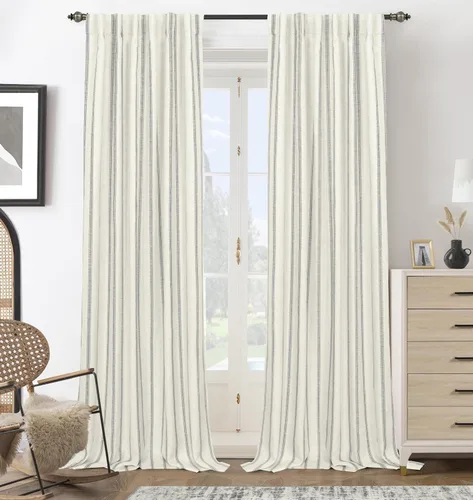 Vista 31 de DriftAway Cortinas opacas de mezcla de lino de granja de 90 pulgadas de largo para dormitorio, cortinas de lino con estampado de rayas verticales