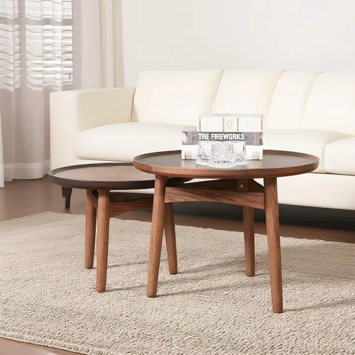 Vista 3 de CONSDAN Juego de mesa auxiliar anidable de 2 piezas, marco de roble macizo y parte superior de chapa, madera dura cultivada en Estados Unidos, mesas