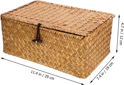 Vista 8 de Almacenamiento de pastos marinos con tapa: cesta rectangular tejida de mimbre natural para el hogar, cajas organizadoras de estantes, organizador
