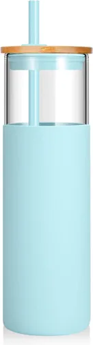 Vista 16 de Tronco Vaso de vidrio de 28 onzas con tapas y pajilla, taza reutilizable para café helado y vaso para batidos con tapa de bambú, funda de silicona