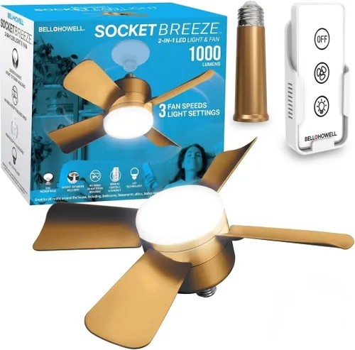 Vista 9 de Bell+Howell Socket Breeze Deluxe, Small Ceiling Fan with LED Light and Remote, Adjustable Speeds and Brightness, Light Socket Fan for Bedroom Negro