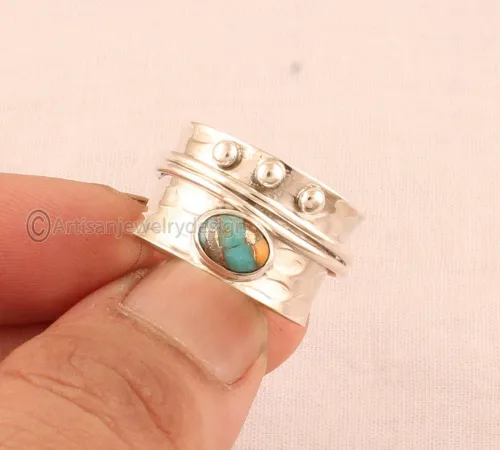 Vista 3 de Oyster Copper Turquoise Ring, 925 Sterling Silver Jewelry, Minimalist Ring For Women, Statement Spinner Ring, Fidget Spinner Ring, Anxiety Spinner
