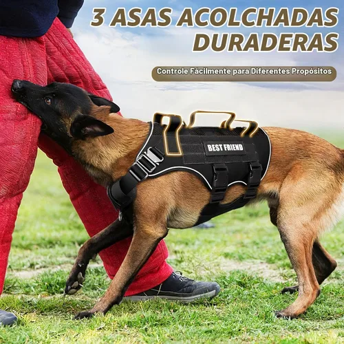 Vista 5 de Arnés táctico para perro, de tamaño mediano, con hebillas de metal, malla de aire transpirable, arnés militar Molle con 3 asas duraderas para Negro
