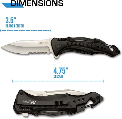 Vista 2 de MTech USA Cuchillo plegable - Hoja de acero inoxidable con acabado satinado parcialmente dentado, mango de aluminio negro, mosquetón, abrebotellas