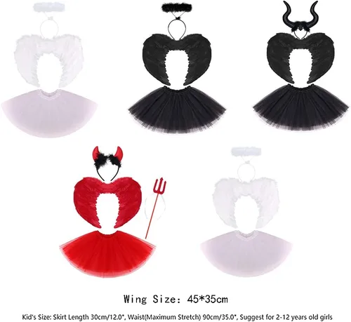 Vista 6 de IBTOM CASTLE Disfraz de ángel diablo para niños, disfraz de Cupido para el día de San Valentín, falda tutú + alas de ángel+diadema de halo+varita