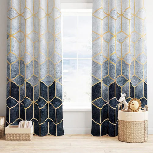 Vista 8 de YCness Cortinas de Mármol Geométricas, Azul Marino Dorado Geometría Abstracta Patrón Hexagonal Textura Tratamientos para Ventanas para Dormitorio