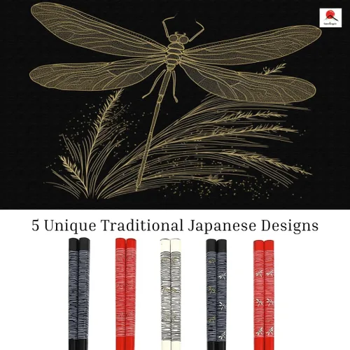 Vista 2 de JapanBargain Juego de 5 pares de palillos de bambú, diseño japonés de libélula, palitos de madera reutilizables, 9 pulgadas, aptos