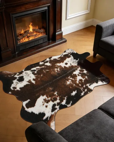 Vista 6 de Alfombra de piel de vaca sintética con estampado de vaca: 4.6 x 5.2 pies, alfombra rústica de decoración occidental para dormitorio, sala de estar