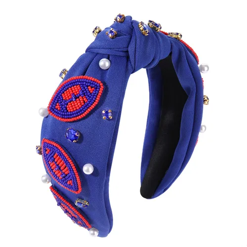 Vista 9 de Diademas anudadas de fútbol para mujer, diadema deportiva para el día del juego, diadema de cristal perlado con nudo superior ancho, accesorios