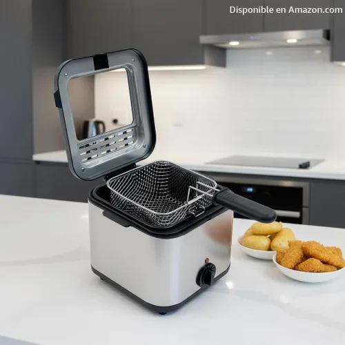 Vista 3 de Freidora Profesional para el Hogar con Ventana de Visualización - 2.6Qt de Acero Inoxidable, Potencia de 1000W, Temperatura Ajustable y Cesta