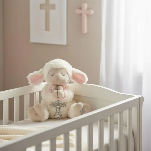 Vista 4 de Ganz Serenity Lamb with Crib Cross Bautizo o Bautismo, Regalo Rosa