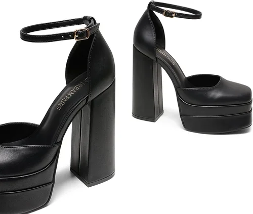 Vista 6 de DREAM PAIRS Zapatos de tacón alto y grueso para mujer, con puntera cerrada, puntera cuadrada, correa al tobillo, para boda, fiesta, zapatos de tacón